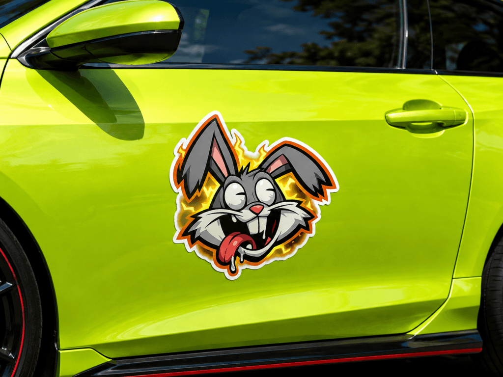 Sticker troquelado vehicular con diseño personalizado aplicado sobre la puerta lateral de un automóvil.