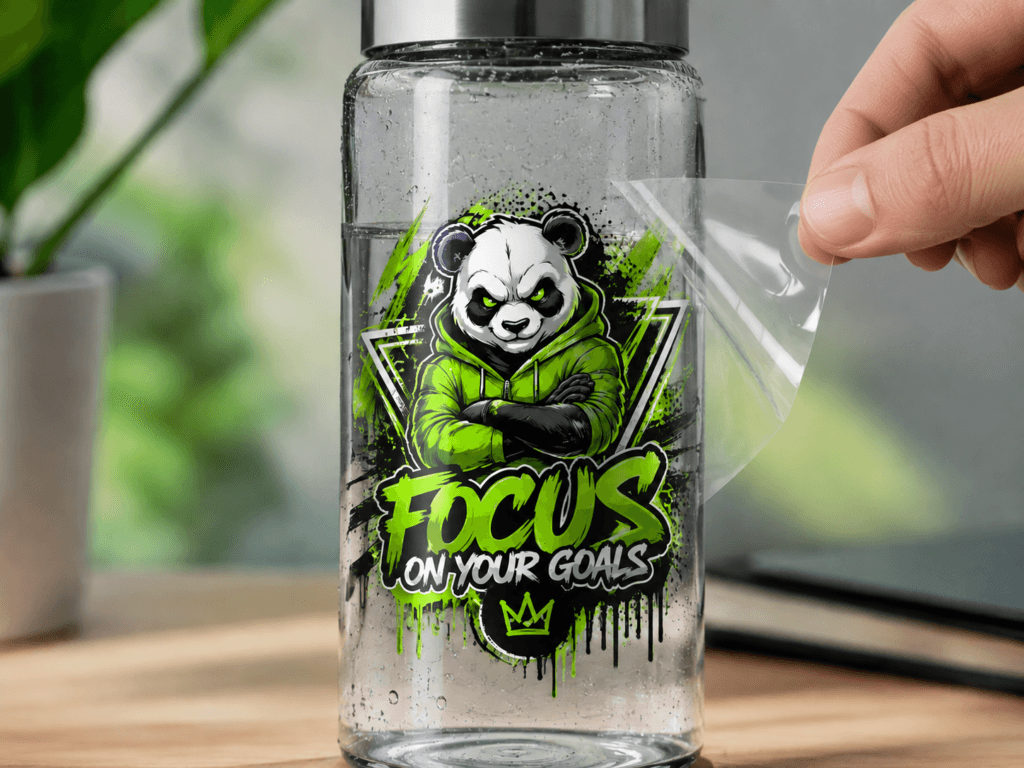 Sticker UV DTF personalizado aplicado sobre botella transparente, con diseño gráfico a color y acabado adherente.