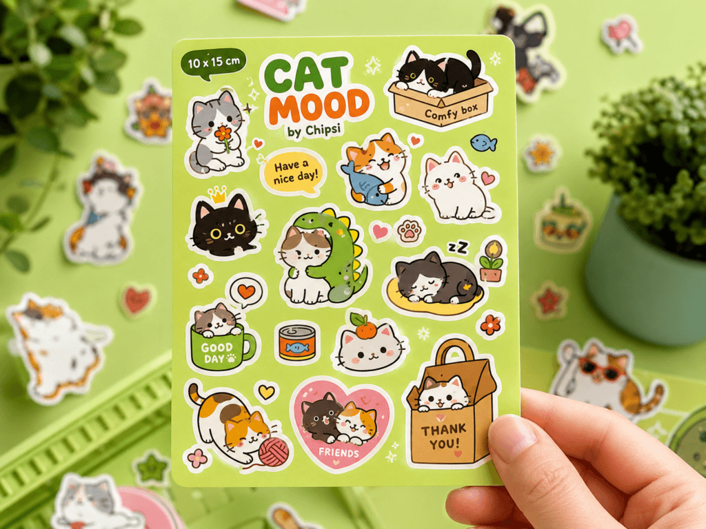 Plancha de stickers personalizados con diseños troquelados y gráficos a color.