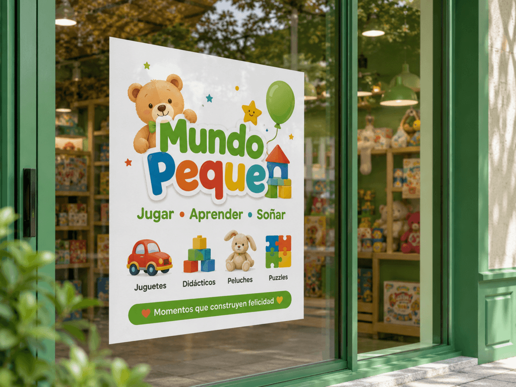 Sticker para vidriera con gráfica personalizada instalado en la vitrina de una tienda infantil.