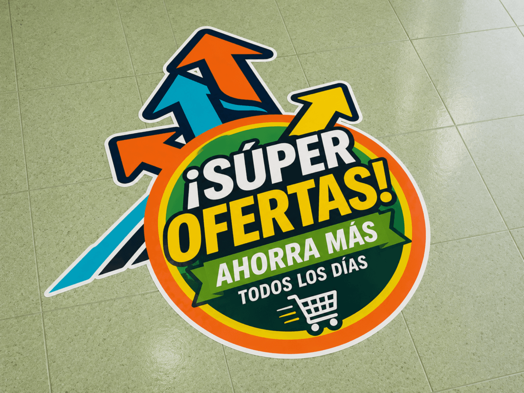 Sticker troquelado de piso con diseño promocional a color aplicado sobre superficie interior de local comercial.