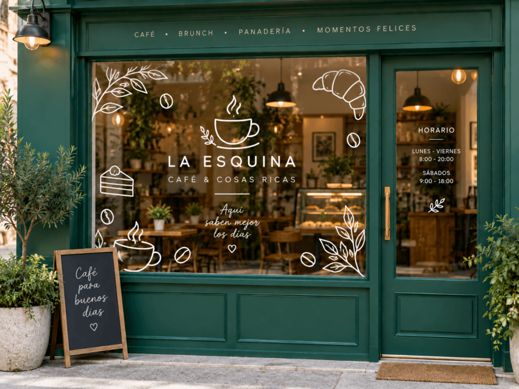 Gráfica de corte blanca aplicada sobre vidriera de cafetería con diseño decorativo y datos del local.