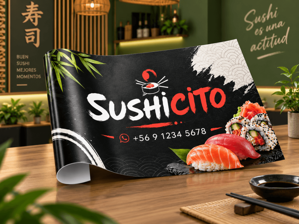 Pendón simple publicitario con gráfica personalizada para promoción en restaurante de sushi.