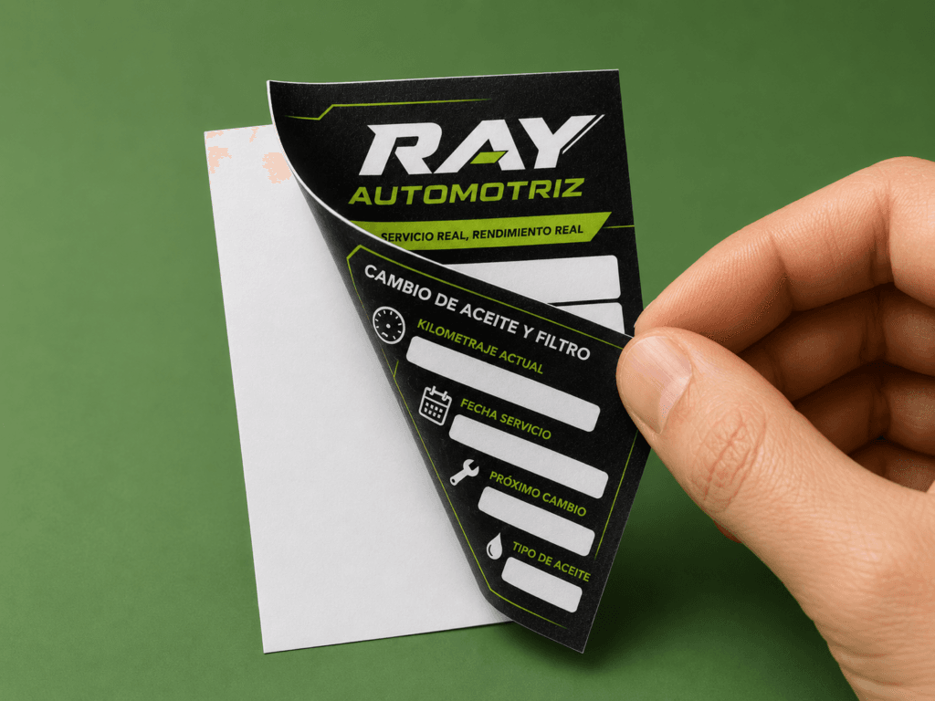 Sticker troquelado doble cara personalizado para servicio automotriz, con impresión visible por ambos lados