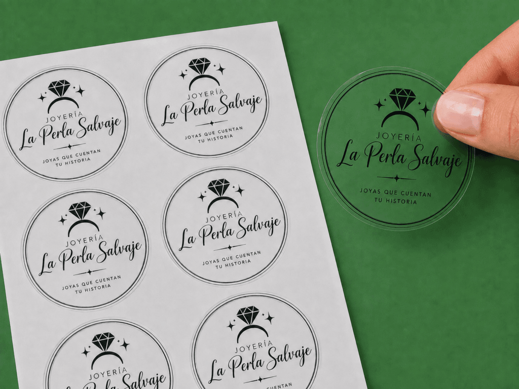 Stickers troquelados transparentes con diseño personalizado para joyería, impresos sobre material transparente.
