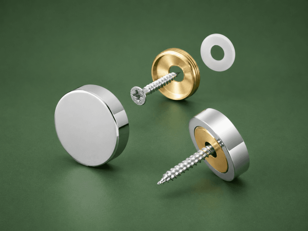 Embellecedor metálico para tornillos sobre fondo verde para señaléticas, placas y acrílicos