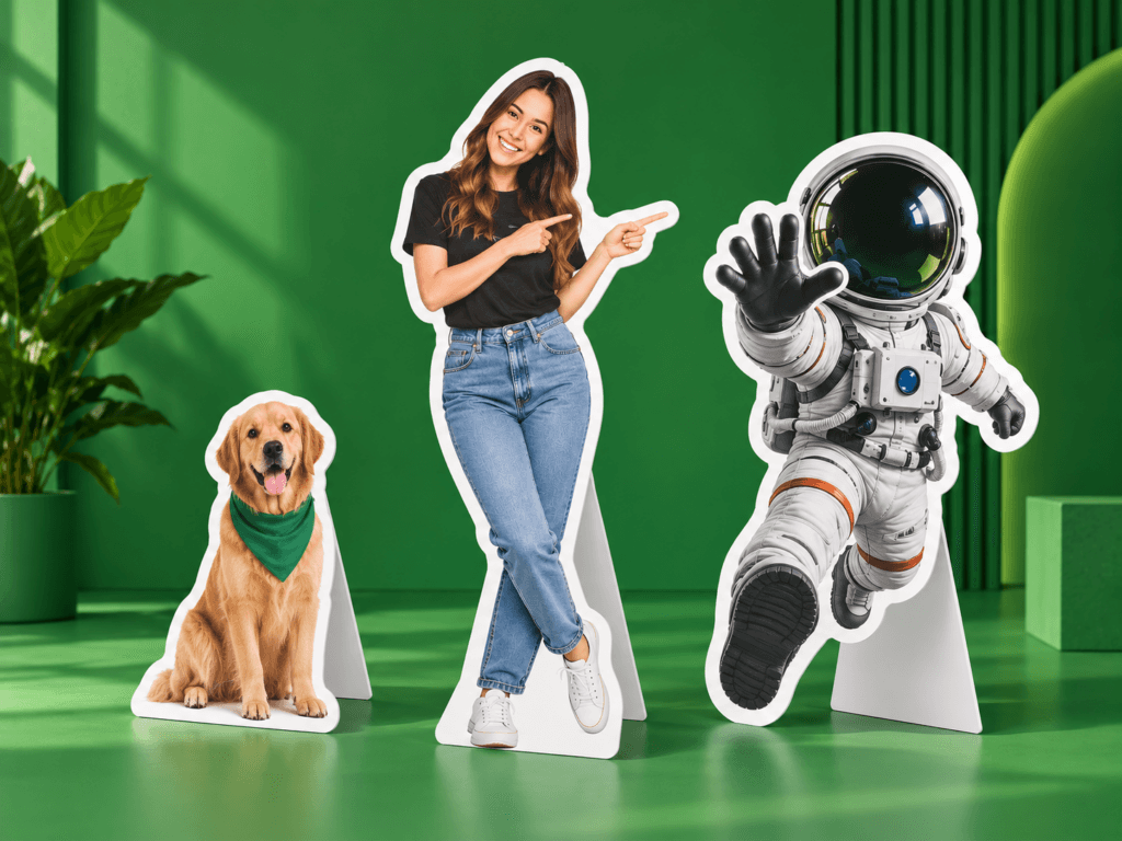 Figuras publicitarias personalizadas de persona, perro y astronauta impresas en vinilo sobre trovicel, exhibidas sobre fondo verde.