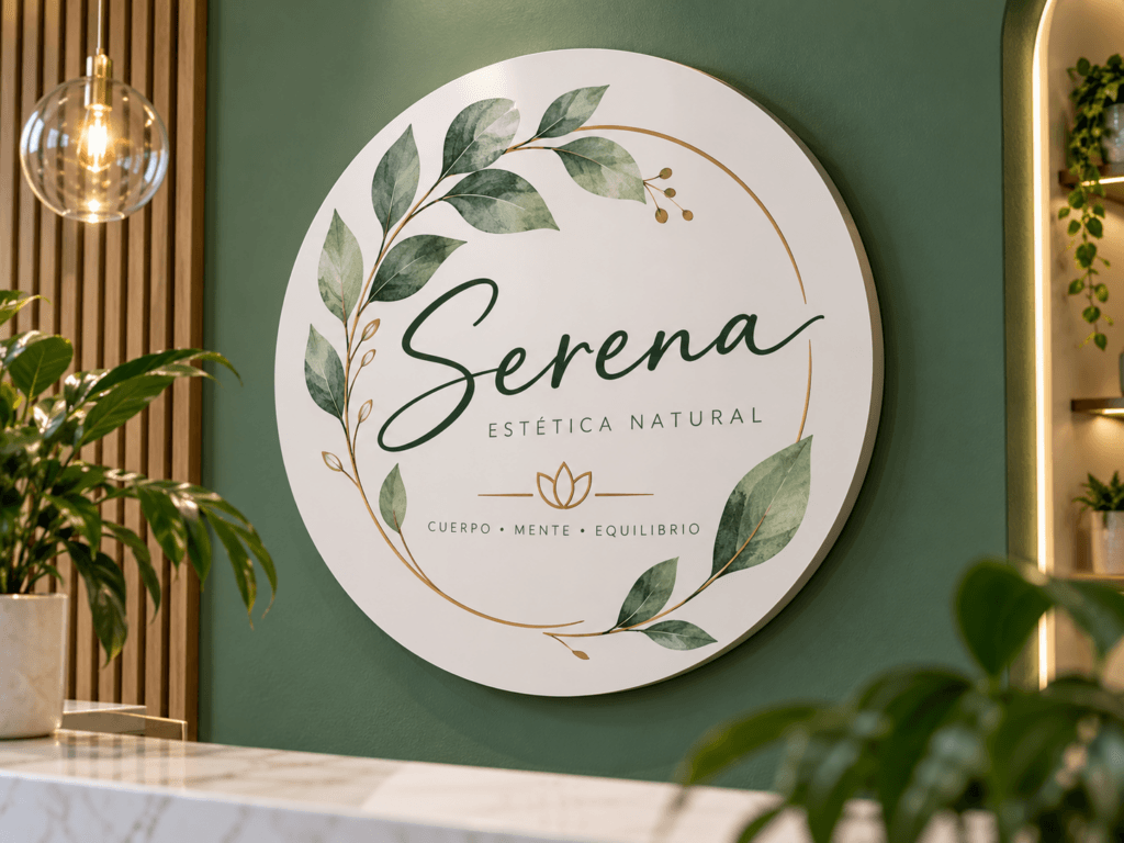 Letrero circular personalizado en alucobond instalado sobre muro verde en un espacio comercial.