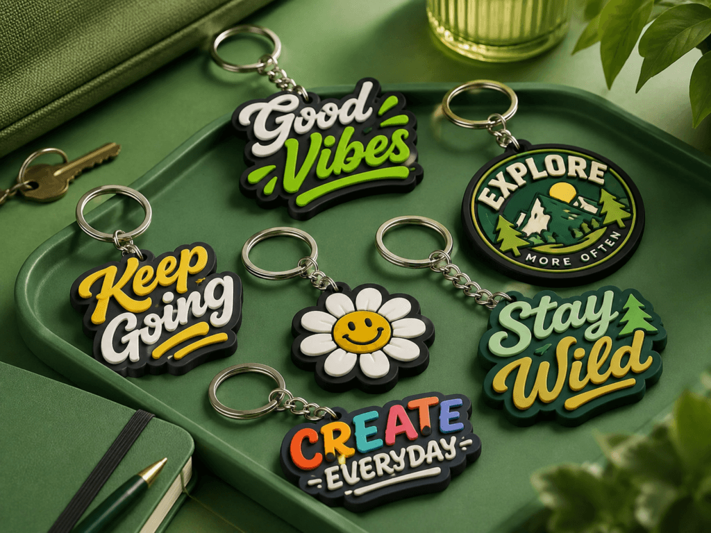 Llaveros 3D personalizados con distintos diseños y colores, presentados en una composición sobre fondo verde.