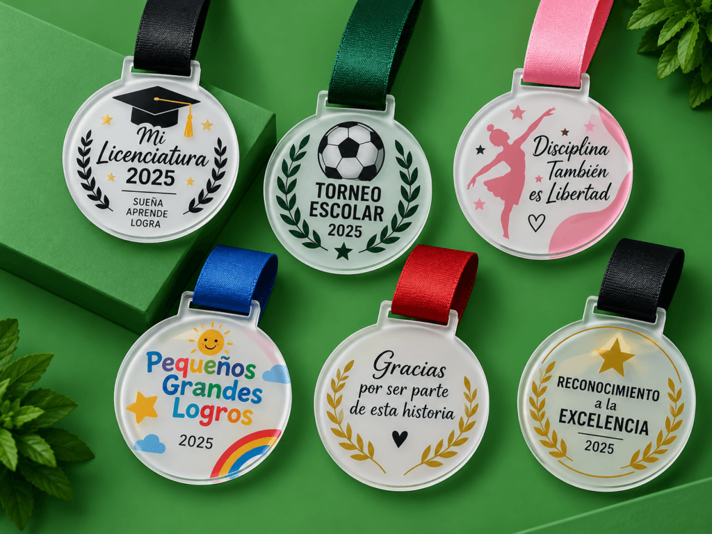 Medallas personalizadas en acrílico con distintos diseños y cintas de colores sobre fondo verde.