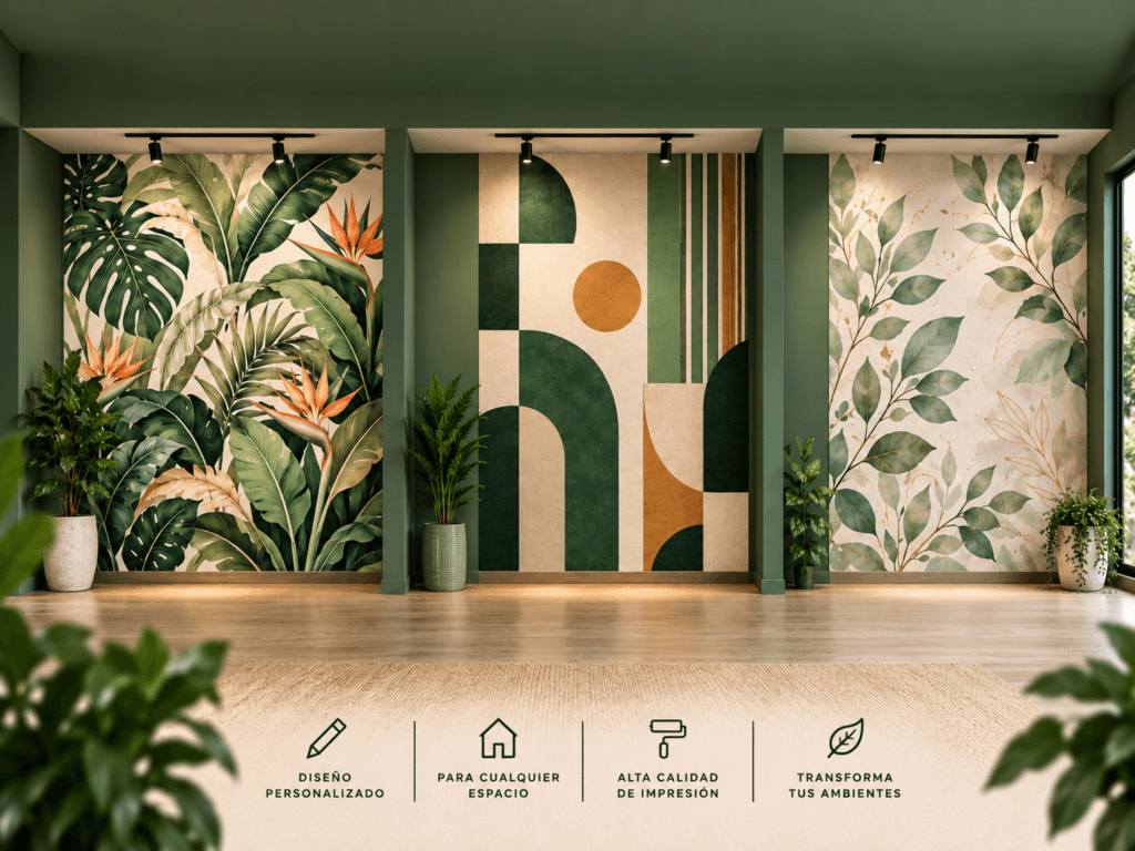 Composición de murales personalizados con tres diseños distintos, exhibidos en un espacio interior con ambientación en tonos verdes.