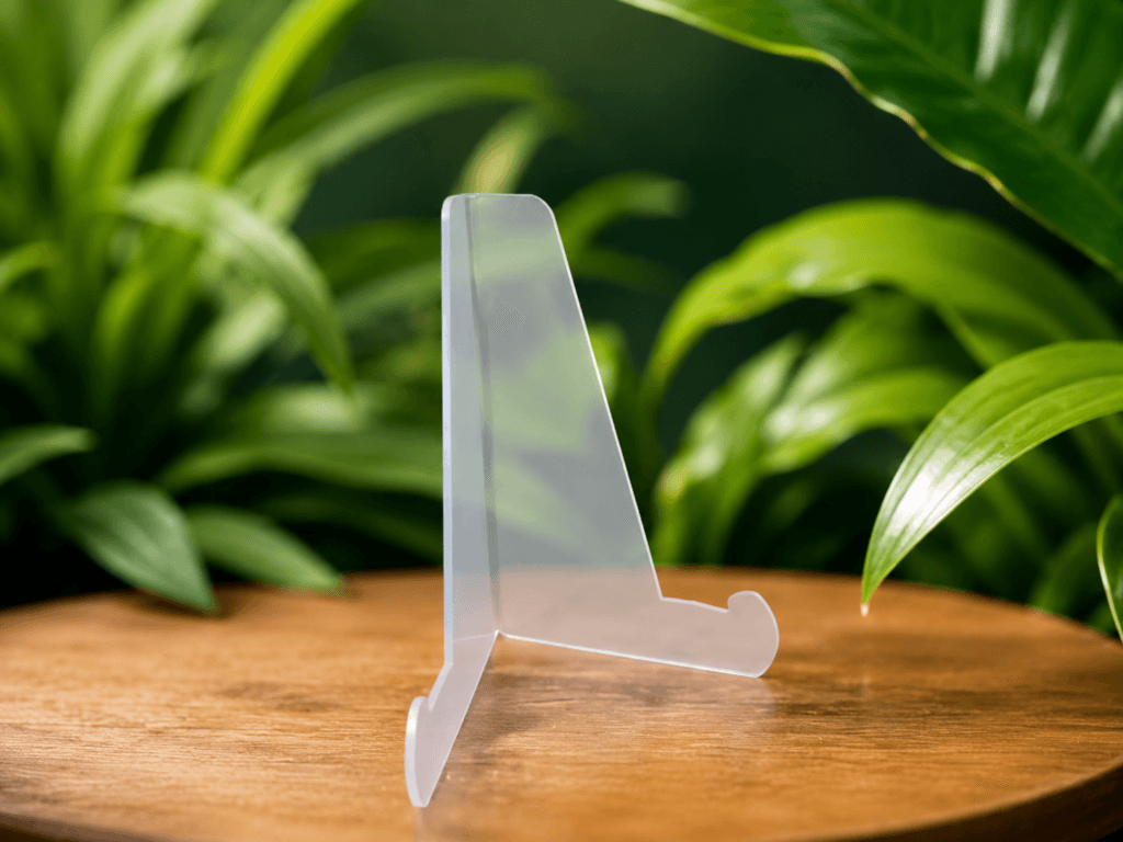 Porta QR acrílico transparente con forma y base de apoyo sobre superficie de madera con fondo verde y plantas.