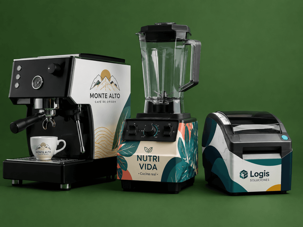 Máquinas de distintos tipos personalizadas con rotulados gráficos sobre fondo verde.
