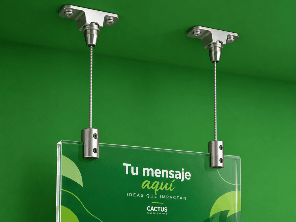 Sistema de piola colgante con soporte superior metálico y panel acrílico suspendido, presentado sobre fondo verde.