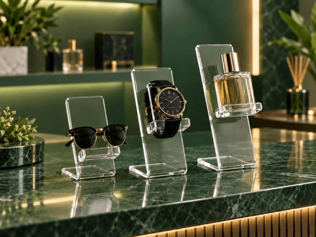 Soportes acrílicos transparentes para exhibición de productos, con lentes, reloj y perfume presentados en un espacio comercial de tonos verdes.