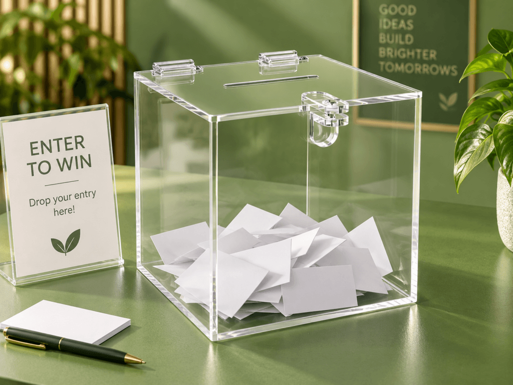 Urna acrílica transparente personalizada, presentada en un entorno de sorteo o recepción sobre fondo en tonos verdes.